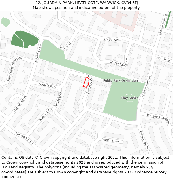 32, JOURDAIN PARK, HEATHCOTE, WARWICK, CV34 6FJ: Location map and indicative extent of plot