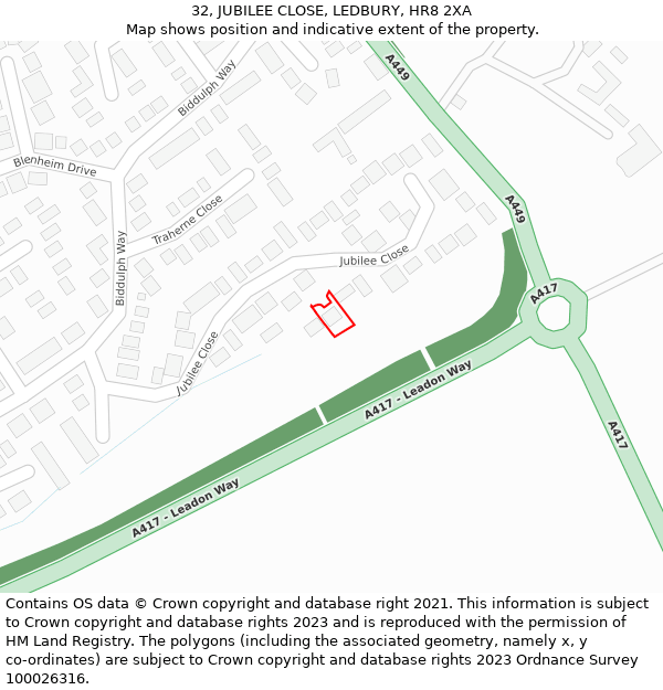 32, JUBILEE CLOSE, LEDBURY, HR8 2XA: Location map and indicative extent of plot