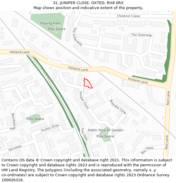 32, JUNIPER CLOSE, OXTED, RH8 0RX: Location map and indicative extent of plot