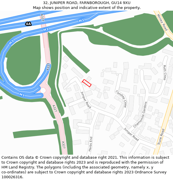 32, JUNIPER ROAD, FARNBOROUGH, GU14 9XU: Location map and indicative extent of plot