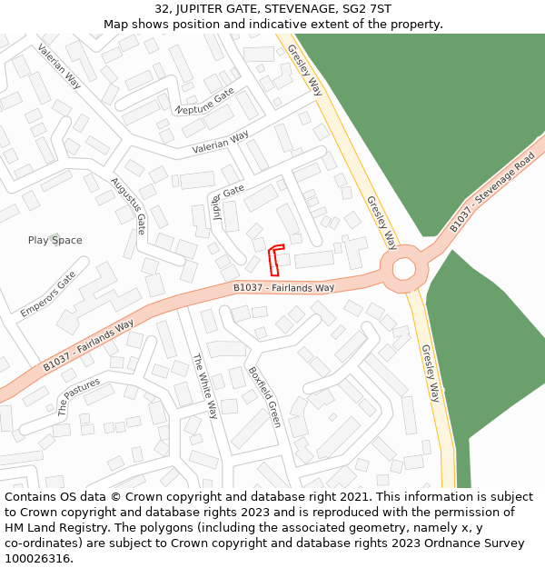 32, JUPITER GATE, STEVENAGE, SG2 7ST: Location map and indicative extent of plot