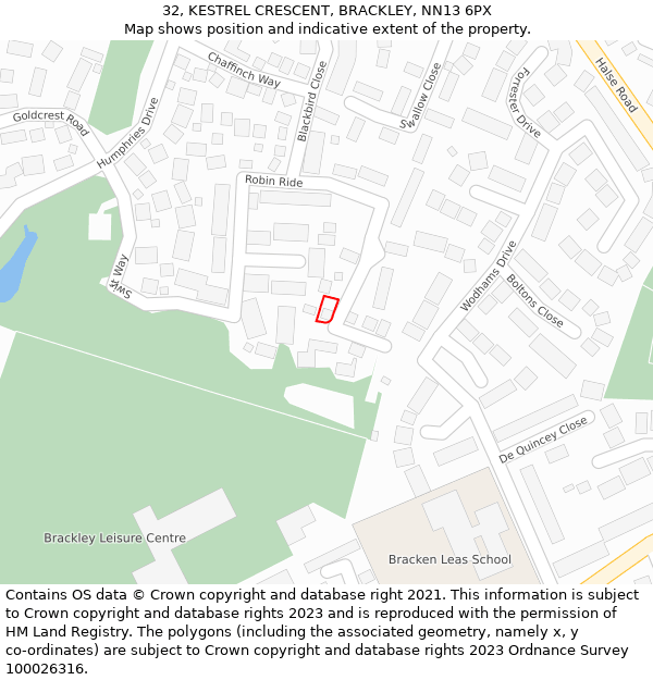 32, KESTREL CRESCENT, BRACKLEY, NN13 6PX: Location map and indicative extent of plot