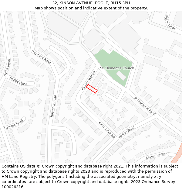 32, KINSON AVENUE, POOLE, BH15 3PH: Location map and indicative extent of plot