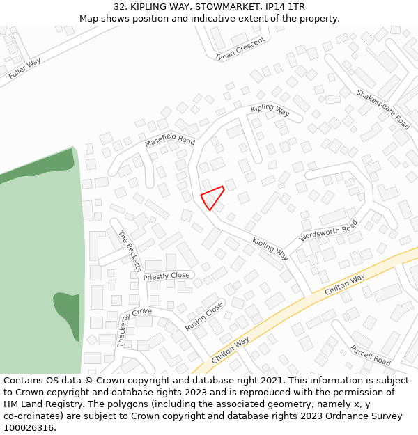 32, KIPLING WAY, STOWMARKET, IP14 1TR: Location map and indicative extent of plot