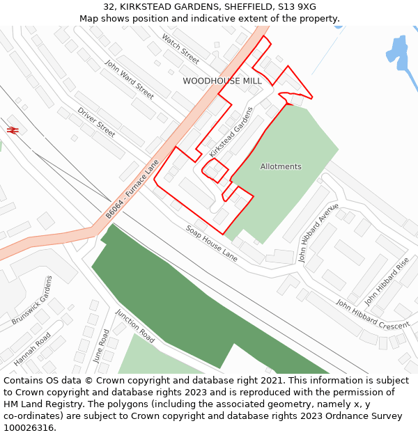 32, KIRKSTEAD GARDENS, SHEFFIELD, S13 9XG: Location map and indicative extent of plot