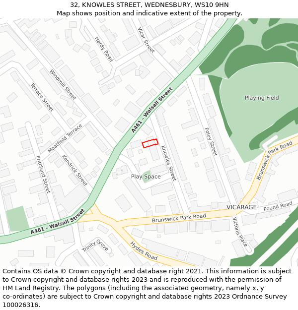 32, KNOWLES STREET, WEDNESBURY, WS10 9HN: Location map and indicative extent of plot