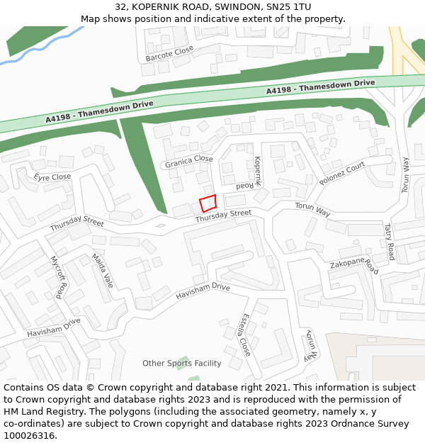 32, KOPERNIK ROAD, SWINDON, SN25 1TU: Location map and indicative extent of plot