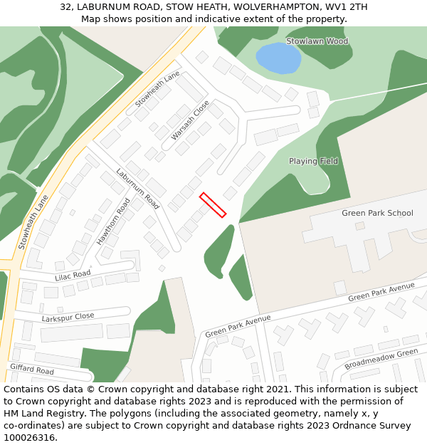 32, LABURNUM ROAD, STOW HEATH, WOLVERHAMPTON, WV1 2TH: Location map and indicative extent of plot