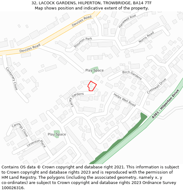 32, LACOCK GARDENS, HILPERTON, TROWBRIDGE, BA14 7TF: Location map and indicative extent of plot