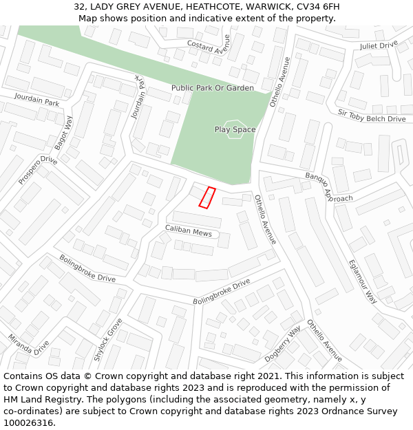 32, LADY GREY AVENUE, HEATHCOTE, WARWICK, CV34 6FH: Location map and indicative extent of plot