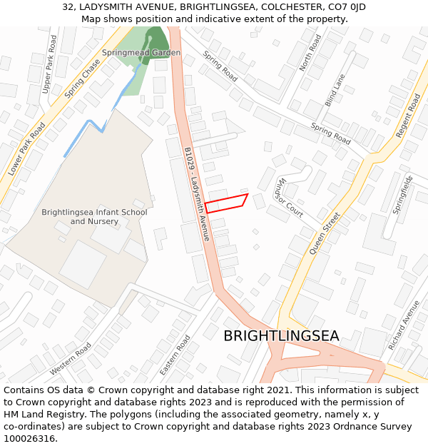 32, LADYSMITH AVENUE, BRIGHTLINGSEA, COLCHESTER, CO7 0JD: Location map and indicative extent of plot