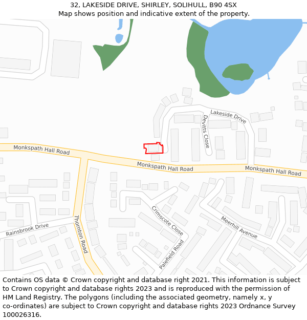 32, LAKESIDE DRIVE, SHIRLEY, SOLIHULL, B90 4SX: Location map and indicative extent of plot