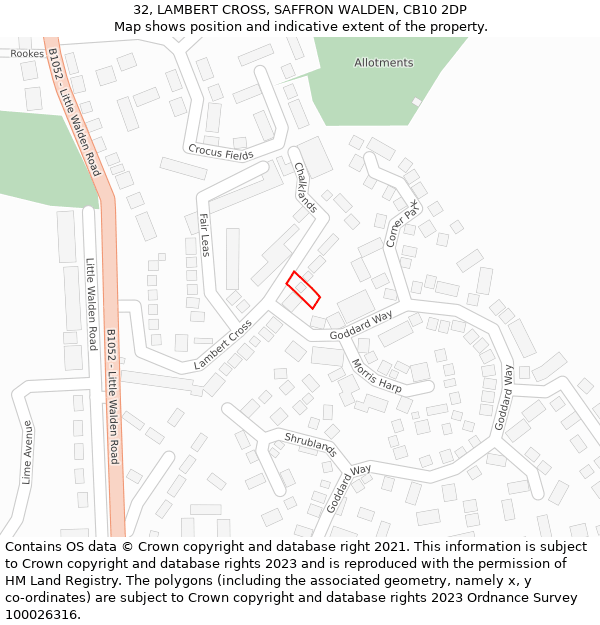 32, LAMBERT CROSS, SAFFRON WALDEN, CB10 2DP: Location map and indicative extent of plot