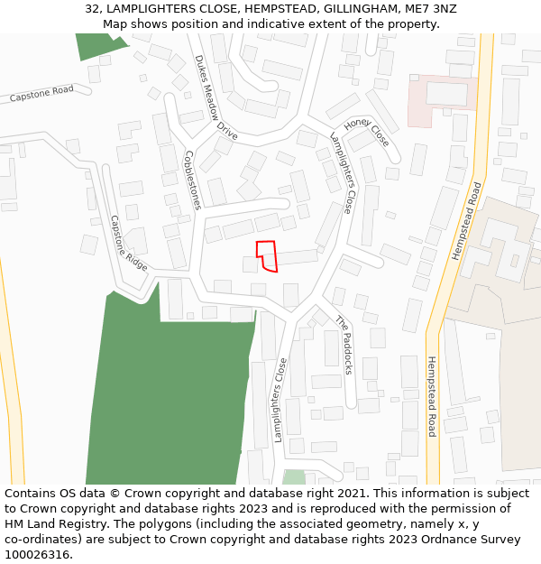 32, LAMPLIGHTERS CLOSE, HEMPSTEAD, GILLINGHAM, ME7 3NZ: Location map and indicative extent of plot