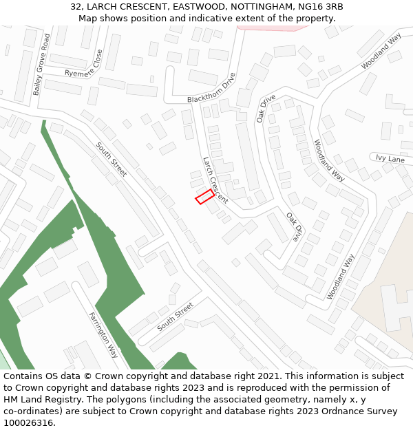 32, LARCH CRESCENT, EASTWOOD, NOTTINGHAM, NG16 3RB: Location map and indicative extent of plot