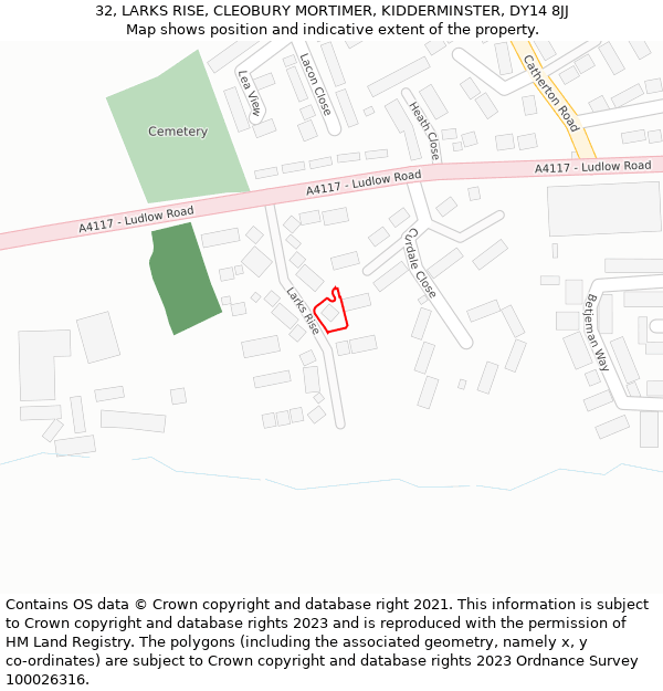 32, LARKS RISE, CLEOBURY MORTIMER, KIDDERMINSTER, DY14 8JJ: Location map and indicative extent of plot