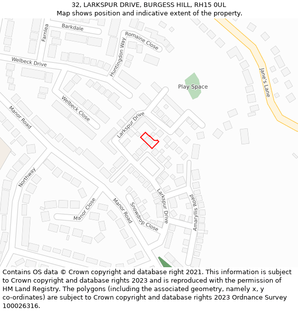 32, LARKSPUR DRIVE, BURGESS HILL, RH15 0UL: Location map and indicative extent of plot