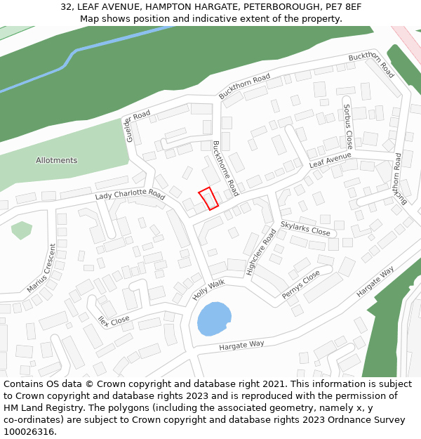 32, LEAF AVENUE, HAMPTON HARGATE, PETERBOROUGH, PE7 8EF: Location map and indicative extent of plot