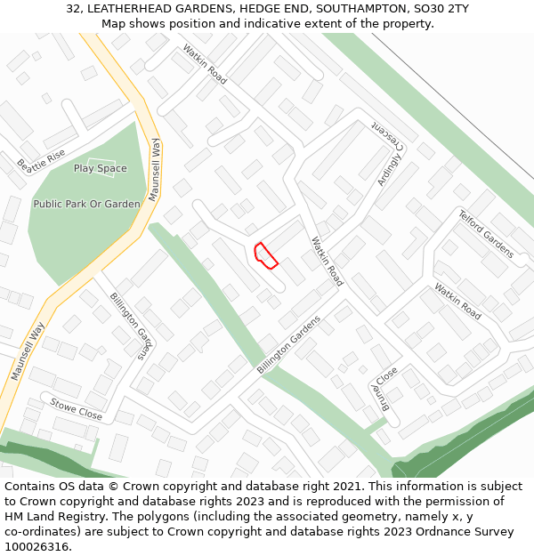 32, LEATHERHEAD GARDENS, HEDGE END, SOUTHAMPTON, SO30 2TY: Location map and indicative extent of plot