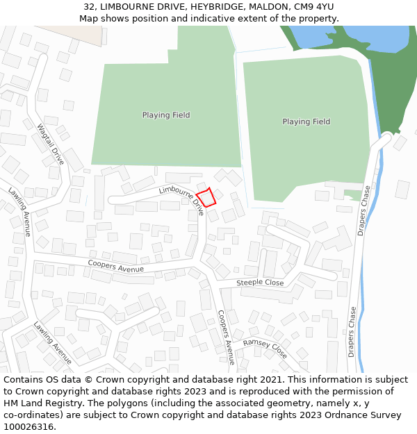 32, LIMBOURNE DRIVE, HEYBRIDGE, MALDON, CM9 4YU: Location map and indicative extent of plot