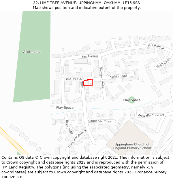 32, LIME TREE AVENUE, UPPINGHAM, OAKHAM, LE15 9SS: Location map and indicative extent of plot