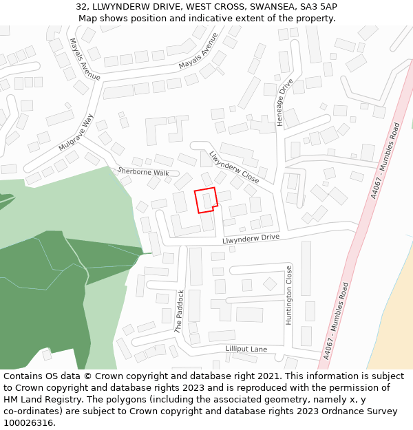 32, LLWYNDERW DRIVE, WEST CROSS, SWANSEA, SA3 5AP: Location map and indicative extent of plot