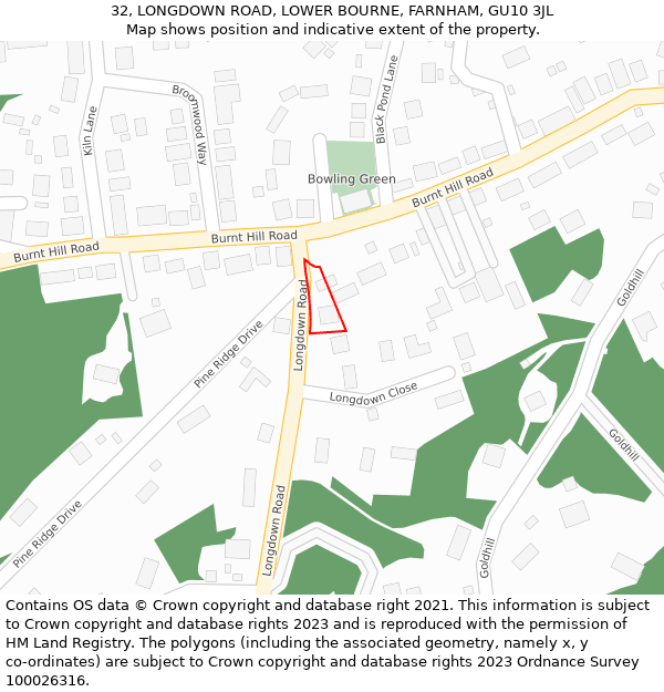 32, LONGDOWN ROAD, LOWER BOURNE, FARNHAM, GU10 3JL: Location map and indicative extent of plot