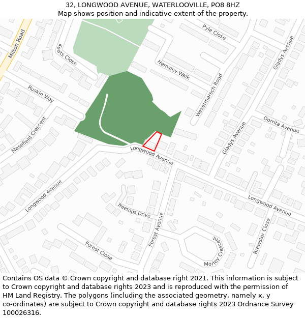 32, LONGWOOD AVENUE, WATERLOOVILLE, PO8 8HZ: Location map and indicative extent of plot