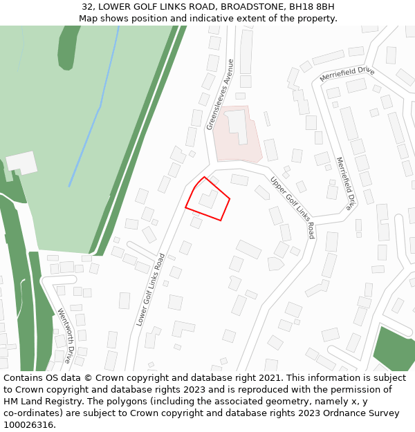 32, LOWER GOLF LINKS ROAD, BROADSTONE, BH18 8BH: Location map and indicative extent of plot