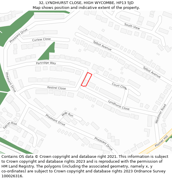 32, LYNDHURST CLOSE, HIGH WYCOMBE, HP13 5JD: Location map and indicative extent of plot