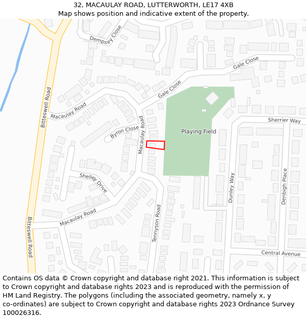 32, MACAULAY ROAD, LUTTERWORTH, LE17 4XB: Location map and indicative extent of plot