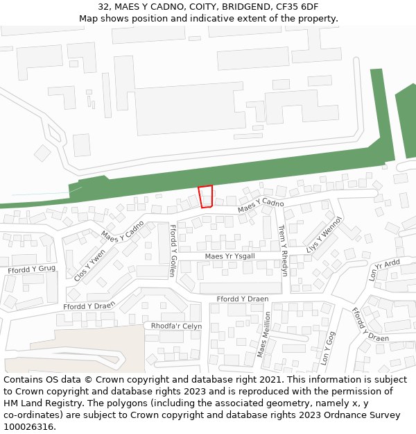 32, MAES Y CADNO, COITY, BRIDGEND, CF35 6DF: Location map and indicative extent of plot