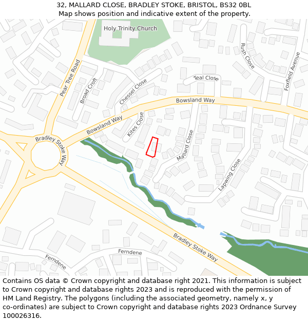 32, MALLARD CLOSE, BRADLEY STOKE, BRISTOL, BS32 0BL: Location map and indicative extent of plot