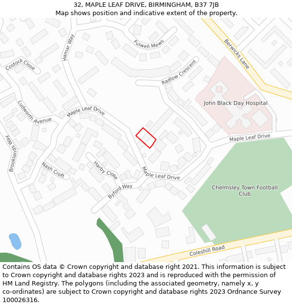 32, MAPLE LEAF DRIVE, BIRMINGHAM, B37 7JB: Location map and indicative extent of plot