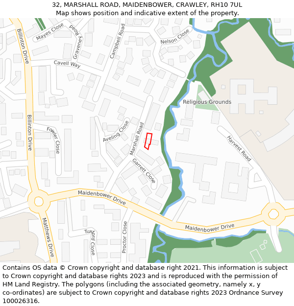 32, MARSHALL ROAD, MAIDENBOWER, CRAWLEY, RH10 7UL: Location map and indicative extent of plot