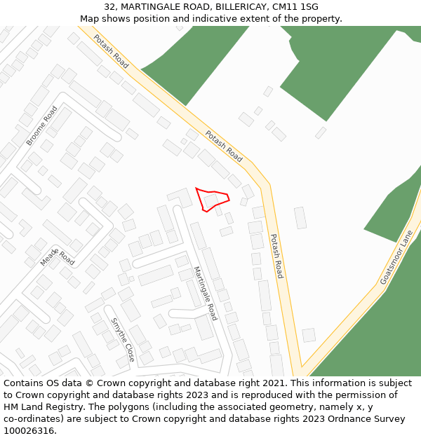 32, MARTINGALE ROAD, BILLERICAY, CM11 1SG: Location map and indicative extent of plot