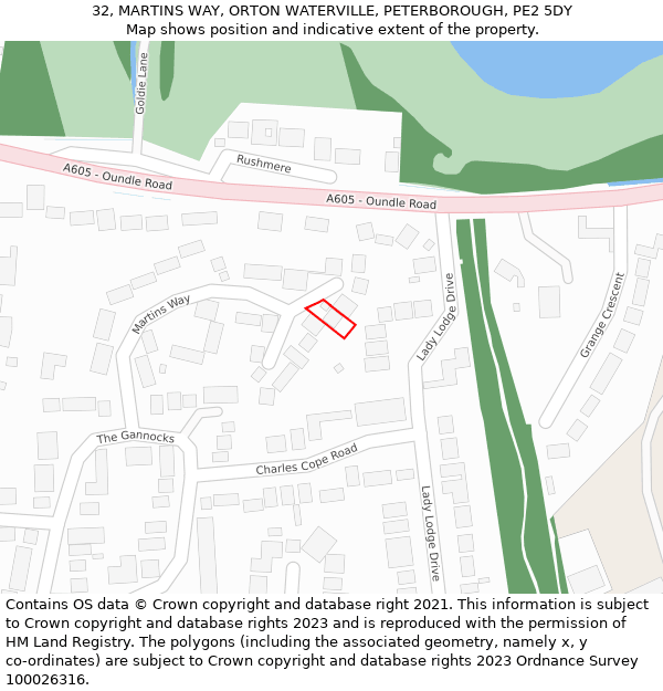 32, MARTINS WAY, ORTON WATERVILLE, PETERBOROUGH, PE2 5DY: Location map and indicative extent of plot