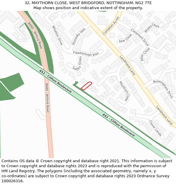 32, MAYTHORN CLOSE, WEST BRIDGFORD, NOTTINGHAM, NG2 7TE: Location map and indicative extent of plot