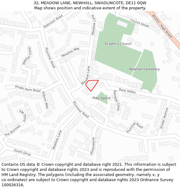 32, MEADOW LANE, NEWHALL, SWADLINCOTE, DE11 0QW: Location map and indicative extent of plot