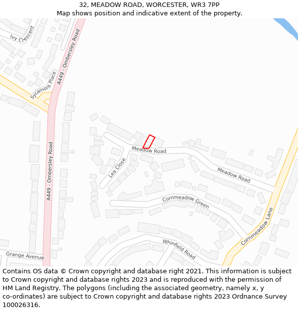 32, MEADOW ROAD, WORCESTER, WR3 7PP: Location map and indicative extent of plot
