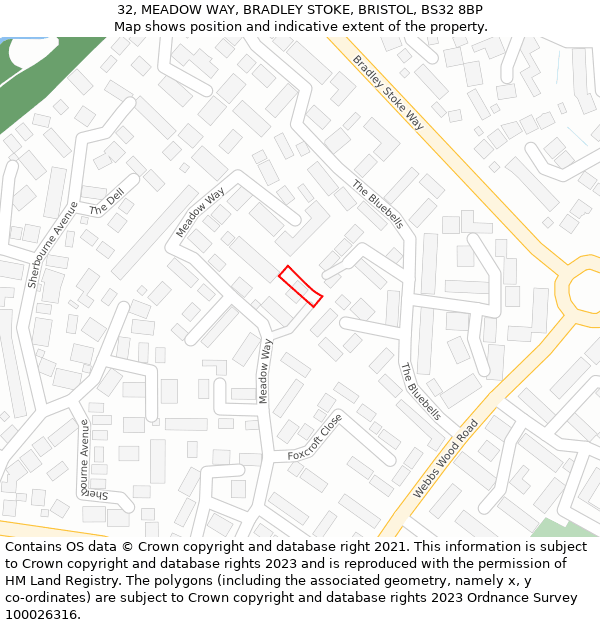 32, MEADOW WAY, BRADLEY STOKE, BRISTOL, BS32 8BP: Location map and indicative extent of plot