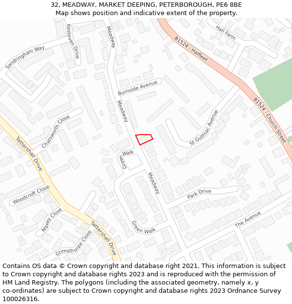 32, MEADWAY, MARKET DEEPING, PETERBOROUGH, PE6 8BE: Location map and indicative extent of plot