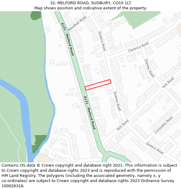 32, MELFORD ROAD, SUDBURY, CO10 1LT: Location map and indicative extent of plot