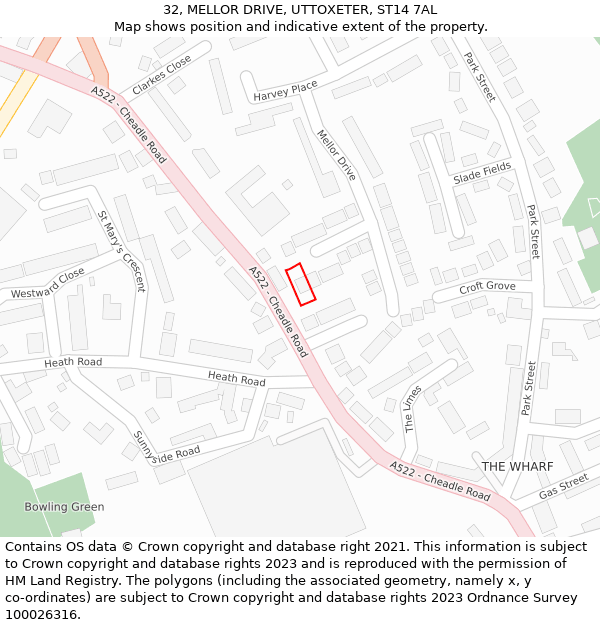 32, MELLOR DRIVE, UTTOXETER, ST14 7AL: Location map and indicative extent of plot