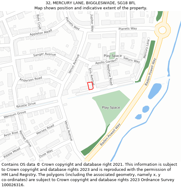 32, MERCURY LANE, BIGGLESWADE, SG18 8FL: Location map and indicative extent of plot