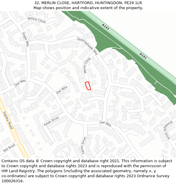 32, MERLIN CLOSE, HARTFORD, HUNTINGDON, PE29 1LR: Location map and indicative extent of plot