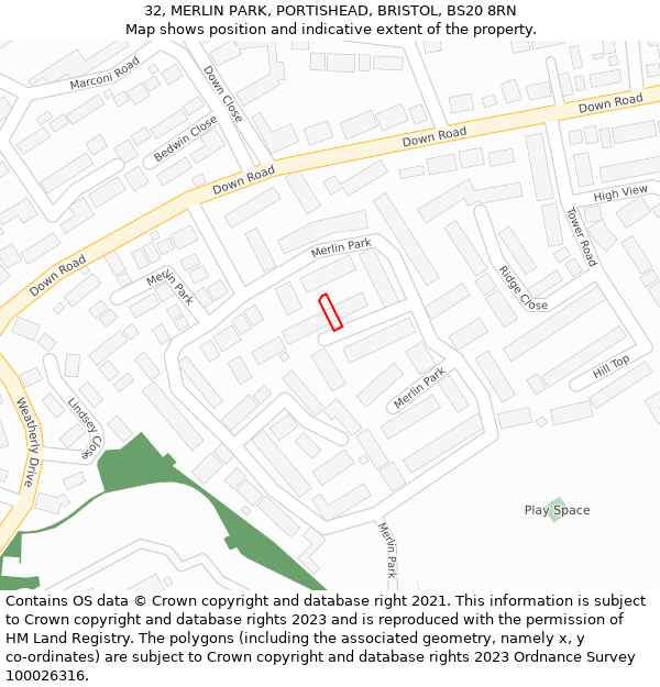 32, MERLIN PARK, PORTISHEAD, BRISTOL, BS20 8RN: Location map and indicative extent of plot