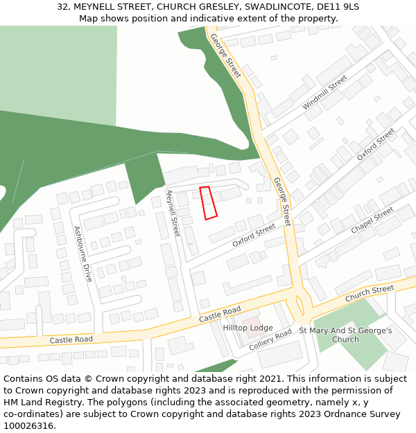 32, MEYNELL STREET, CHURCH GRESLEY, SWADLINCOTE, DE11 9LS: Location map and indicative extent of plot