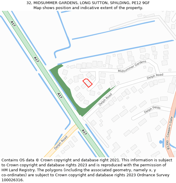 32, MIDSUMMER GARDENS, LONG SUTTON, SPALDING, PE12 9GF: Location map and indicative extent of plot