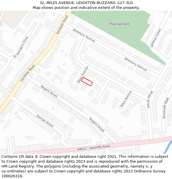 32, MILES AVENUE, LEIGHTON BUZZARD, LU7 3LG: Location map and indicative extent of plot